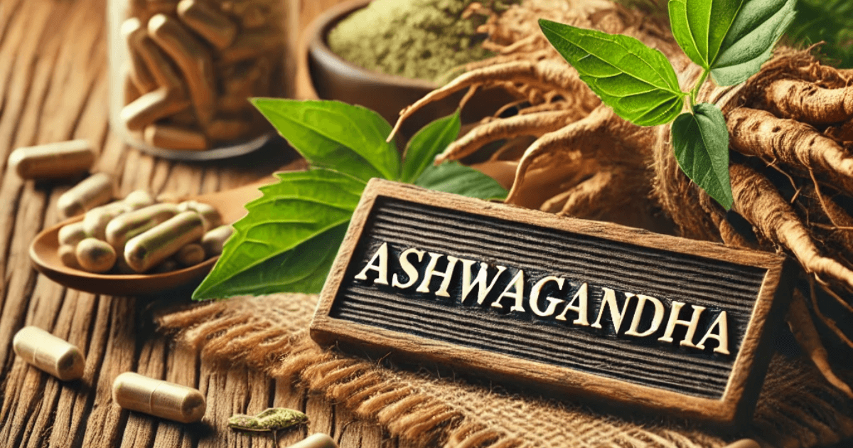 Ashwagandha roots, capsules, and powder displayed on a rustic wooden table with green leaves