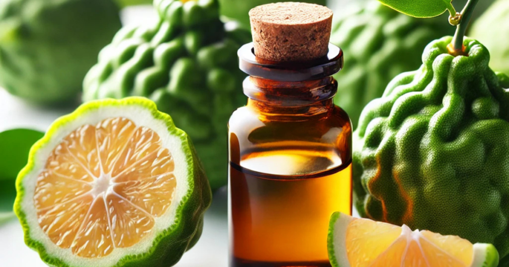 A bottle of bergamot essential oil surrounded by fresh bergamot fruits on a wooden table.