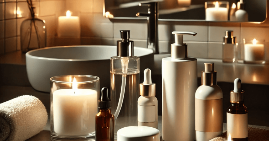 Night skincare routine products arranged on a bathroom counter