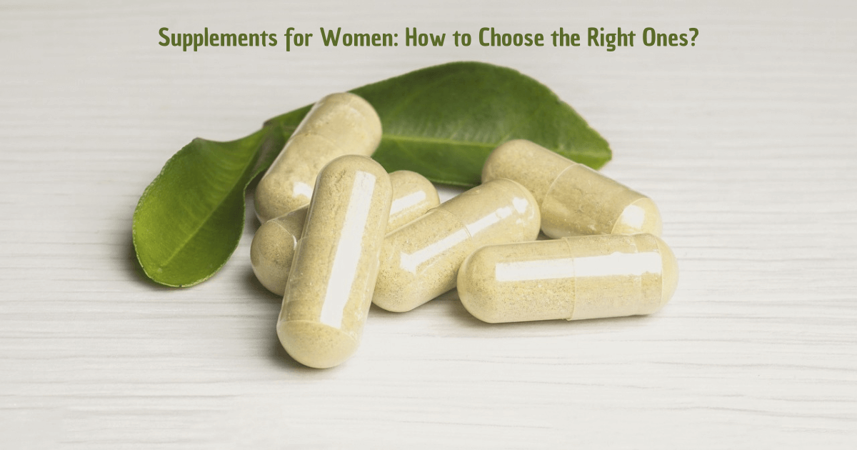 Various supplements for women, including vitamins, minerals, and herbal supplements, displayed on a white background.