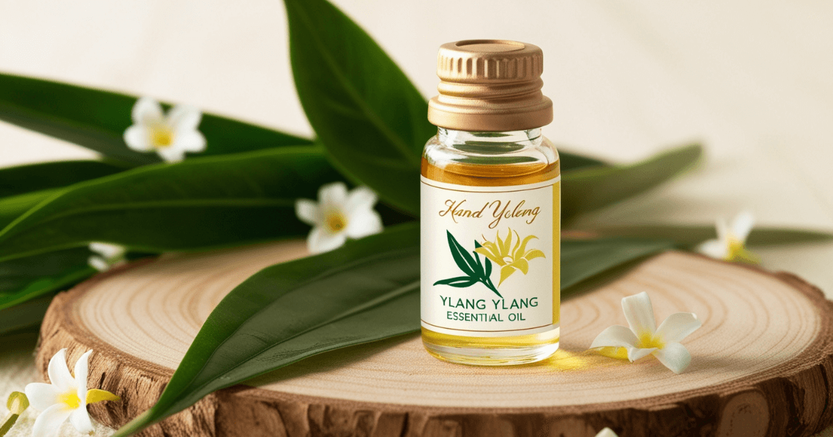 A bottle of Ylang Ylang Essential Oil surrounded by fresh Ylang Ylang flowers.