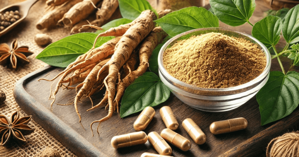 Close-up of ashwagandha roots and organic powder in a glass bowl with herbal capsules.