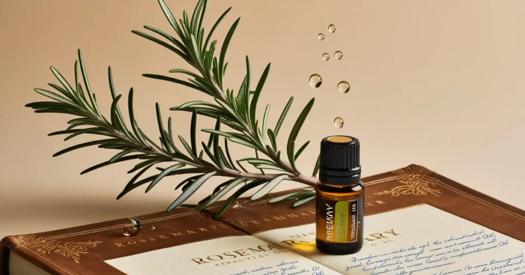 Rosemary essential oil with herbal leaves