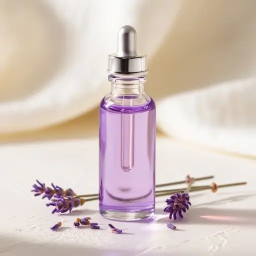 A serene composition featuring a bottle of lavender essential oil surrounded by fresh lavender flowers, symbolizing relaxation and natural wellness.