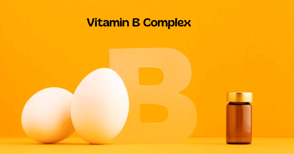 A bottle of Vitamin B Complex supplements with an elegant label, surrounded by natural food sources like spinach, almonds, eggs, and avocado on a clean, white surface